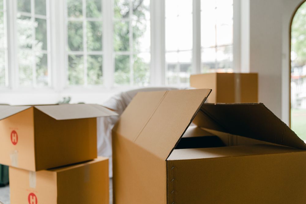 Umzugskartons und abgedeckte Möbel in einer Wohnung – Beispielbild